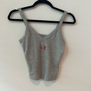 SO Women's Gray Embroidered Mushroom Pullover V-Neck Casual Tank Top Size XS